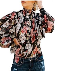 Women Casual High Collar Long Sleeve Printed Shirt